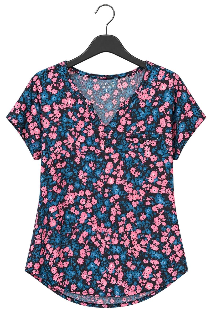 Beyond Scrubs Women’s Medium Floral Scrub Top Pink Blue Black Stretch V Neck